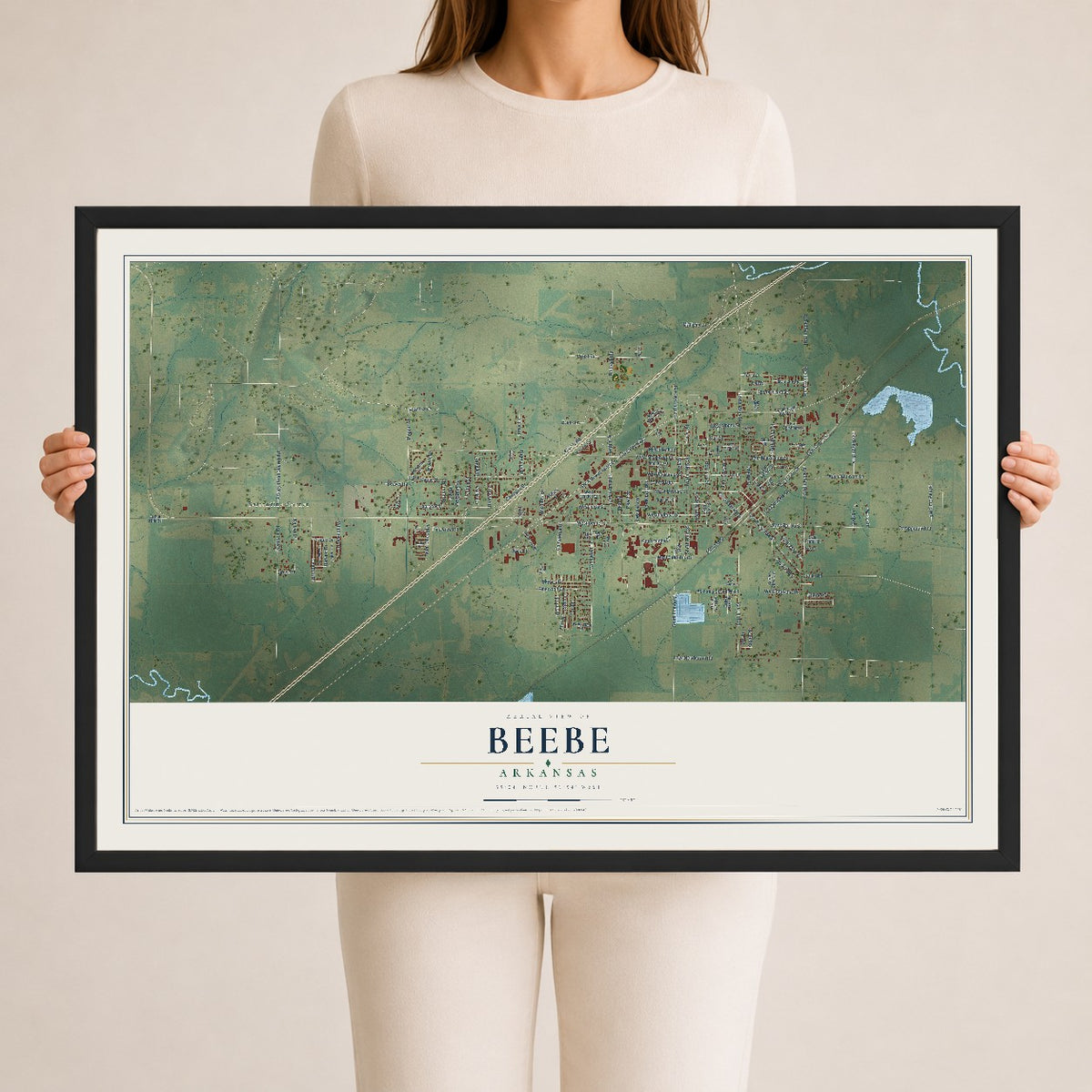 Map of Beebe, Arkansas, 24 x 36 inch print in a black wood frame