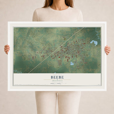 Map of Beebe, Arkansas, 24 x 36 inch print in a white wood frame