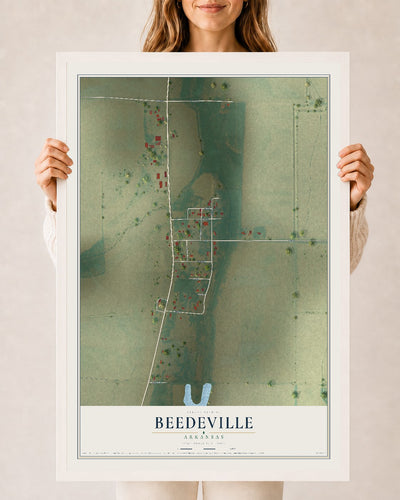 Map of Beedeville, Arkansas, 24 x 36 inch print in a white wood frame
