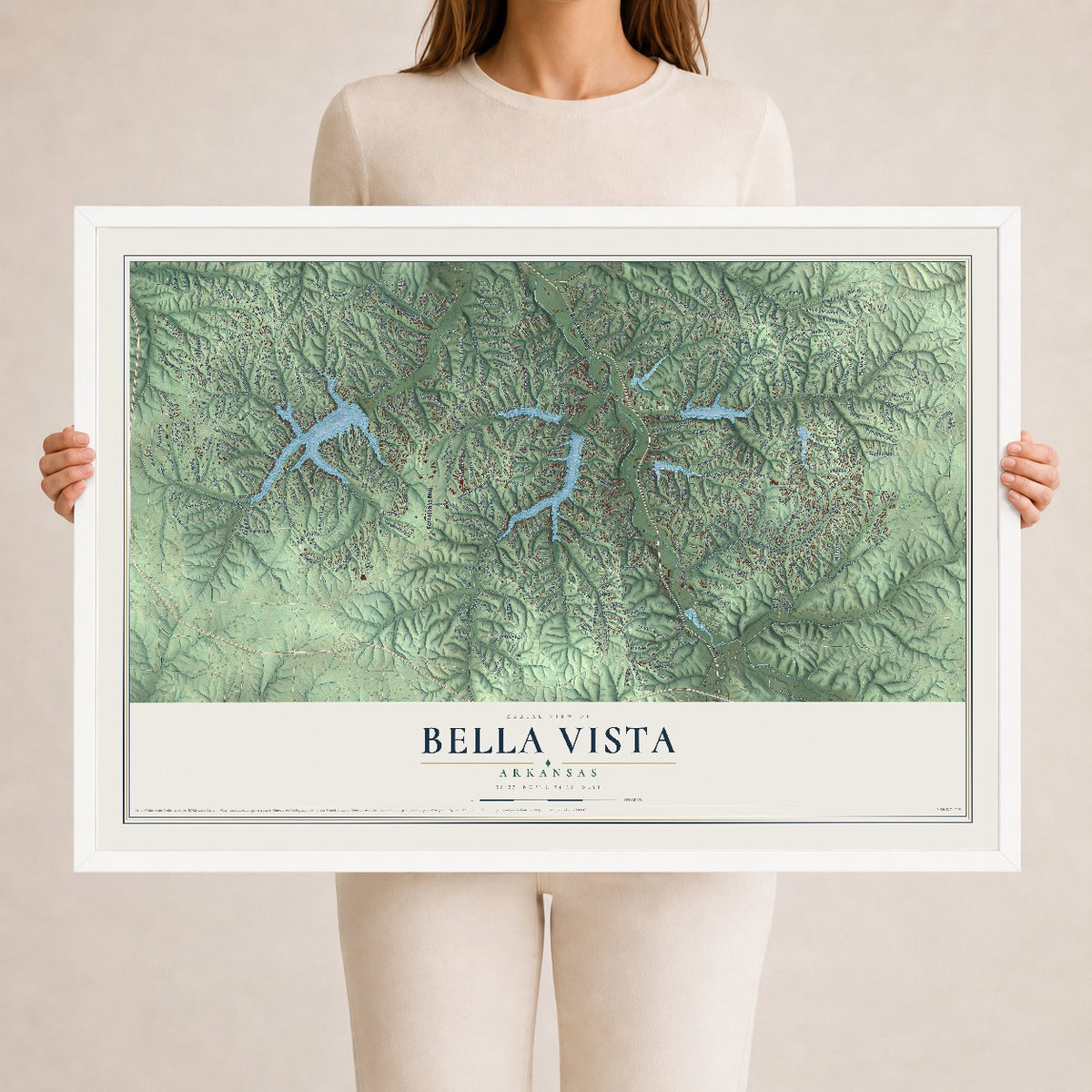 Map of Bella Vista, Arkansas, 24 x 36 inch print in a white wood frame