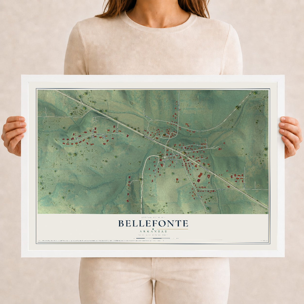 Map of Bellefonte, Arkansas, 12 x 18 inch print in a white wood frame