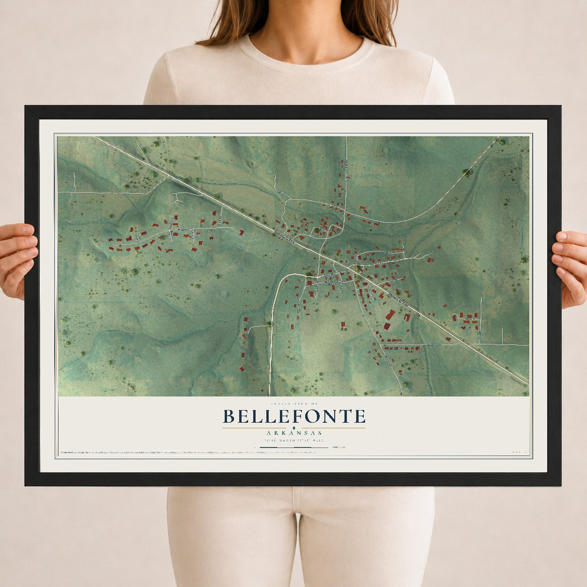 Map of Bellefonte, Arkansas, 18 x 24 inch print in a black wood frame