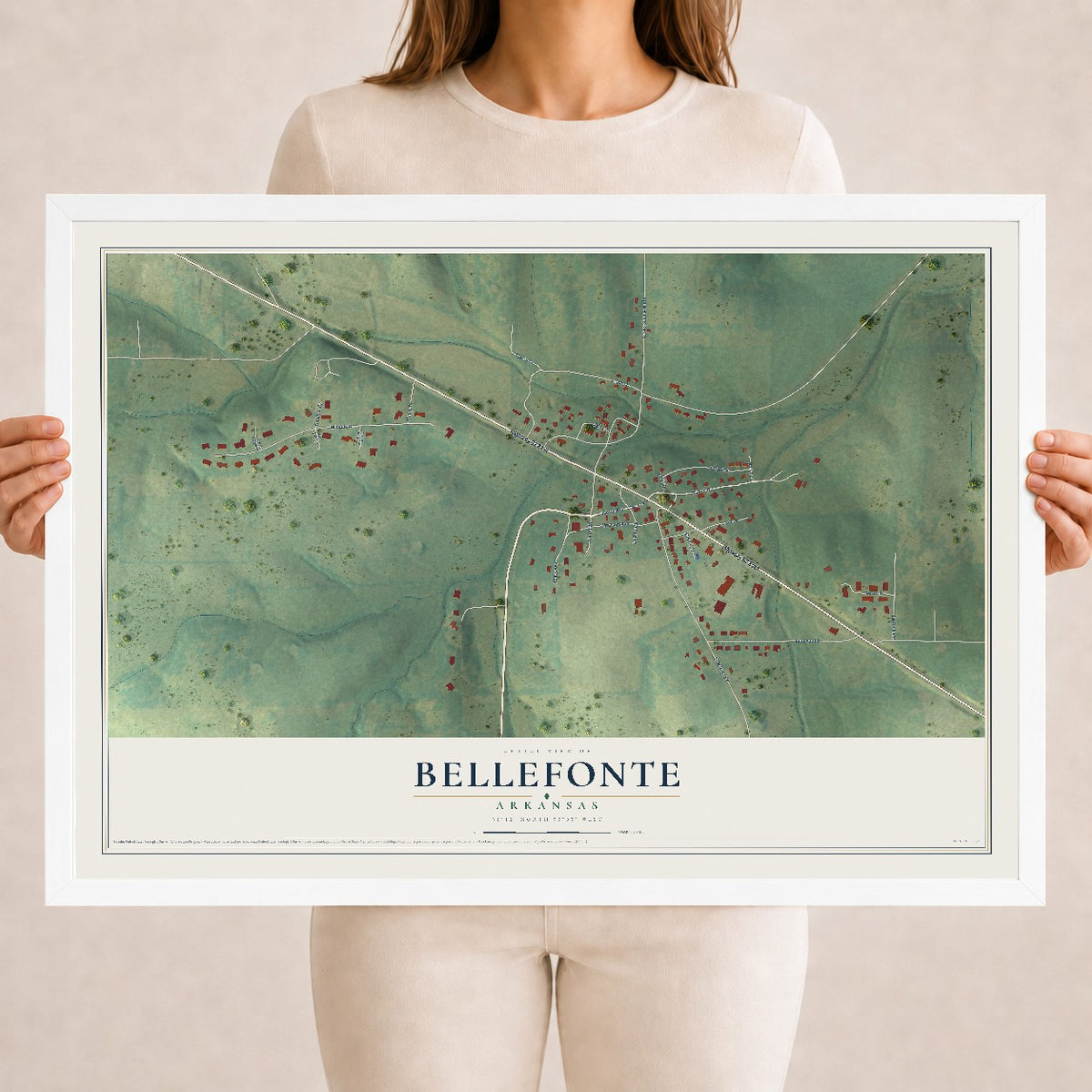 Map of Bellefonte, Arkansas, 18 x 24 inch print in a white wood frame