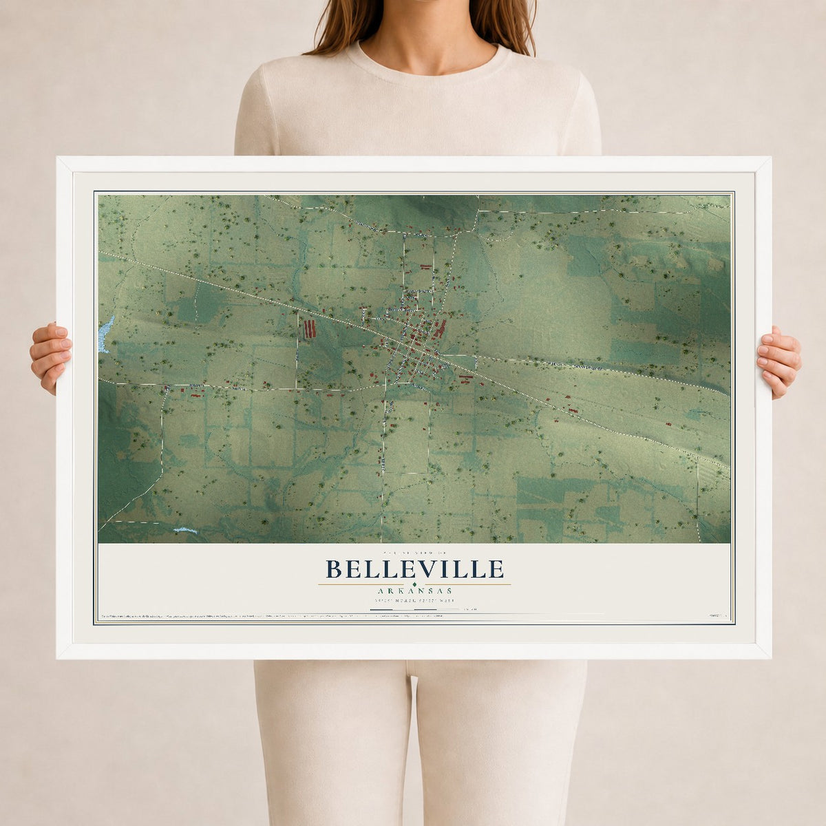 Map of Belleville, Arkansas, 24 x 36 inch print in a white wood frame