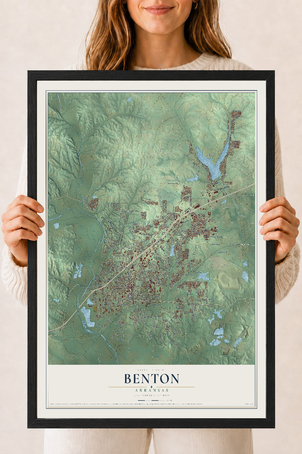 Map of Benton, Arkansas, 18 x 24 inch print in a black wood frame
