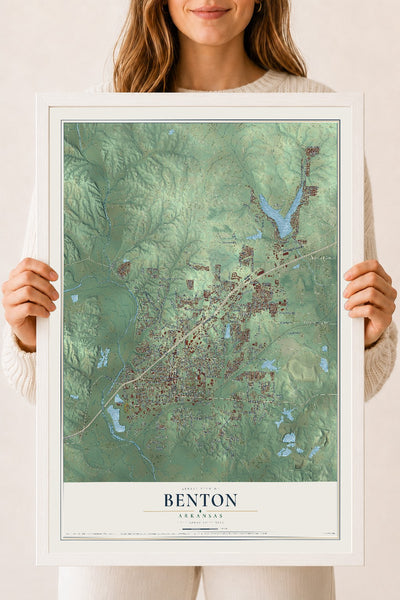 Map of Benton, Arkansas, 18 x 24 inch print in a white wood frame