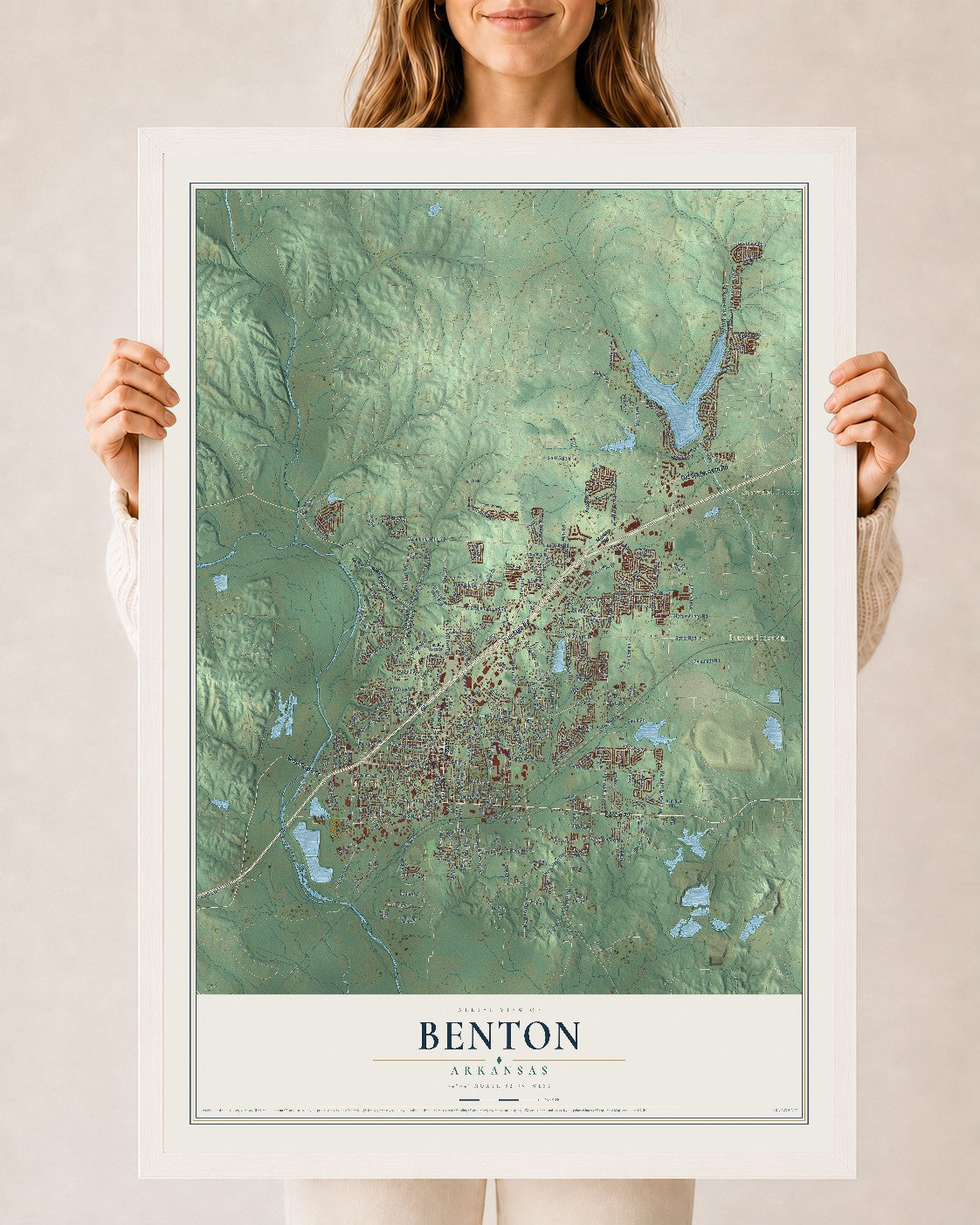 Map of Benton, Arkansas, 24 x 36 inch print in a white wood frame