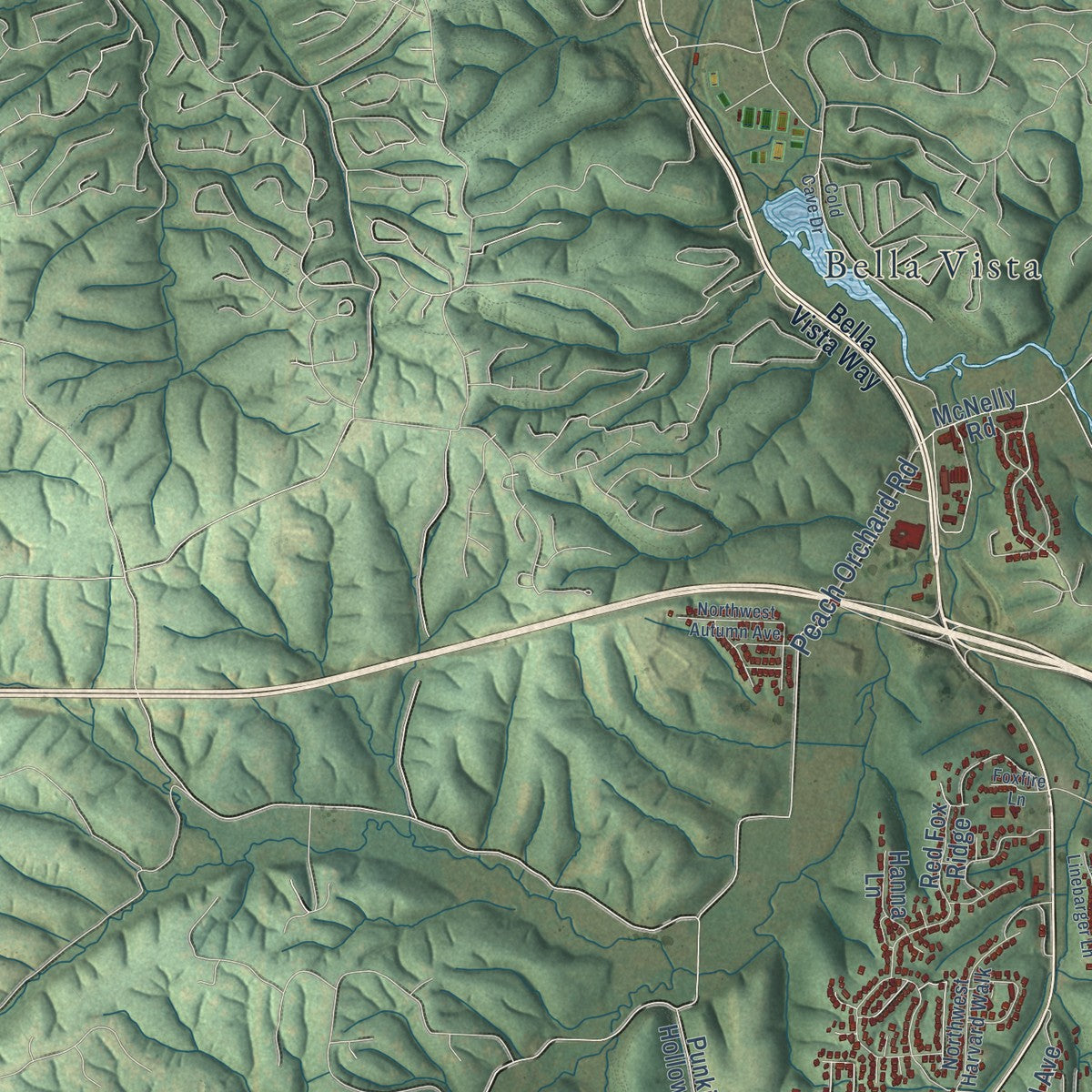 Second close-up of the map of Bentonville, Arkansas print showing more streets and buildings