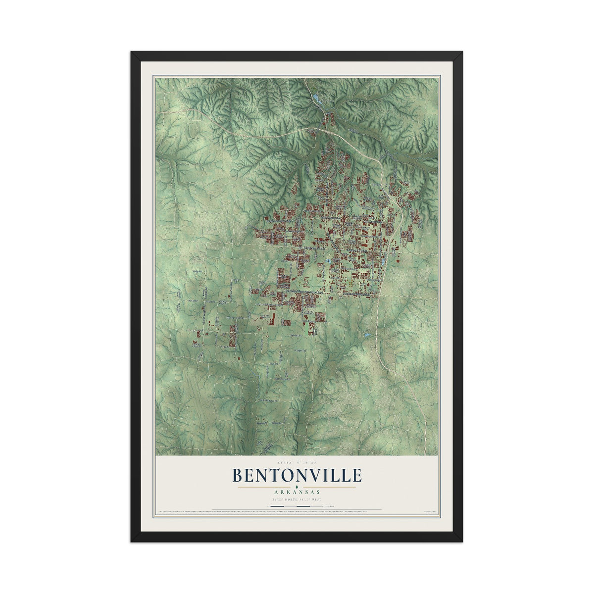 Map of Bentonville, Arkansas, 12 x 18 inch print in a black wood frame