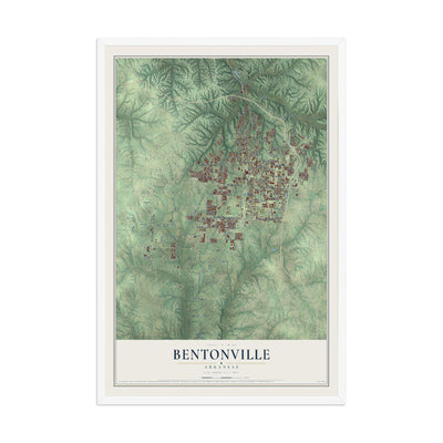 Map of Bentonville, Arkansas, 12 x 18 inch print in a white wood frame