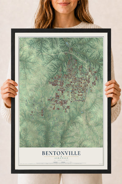 Map of Bentonville, Arkansas, 18 x 24 inch print in a black wood frame