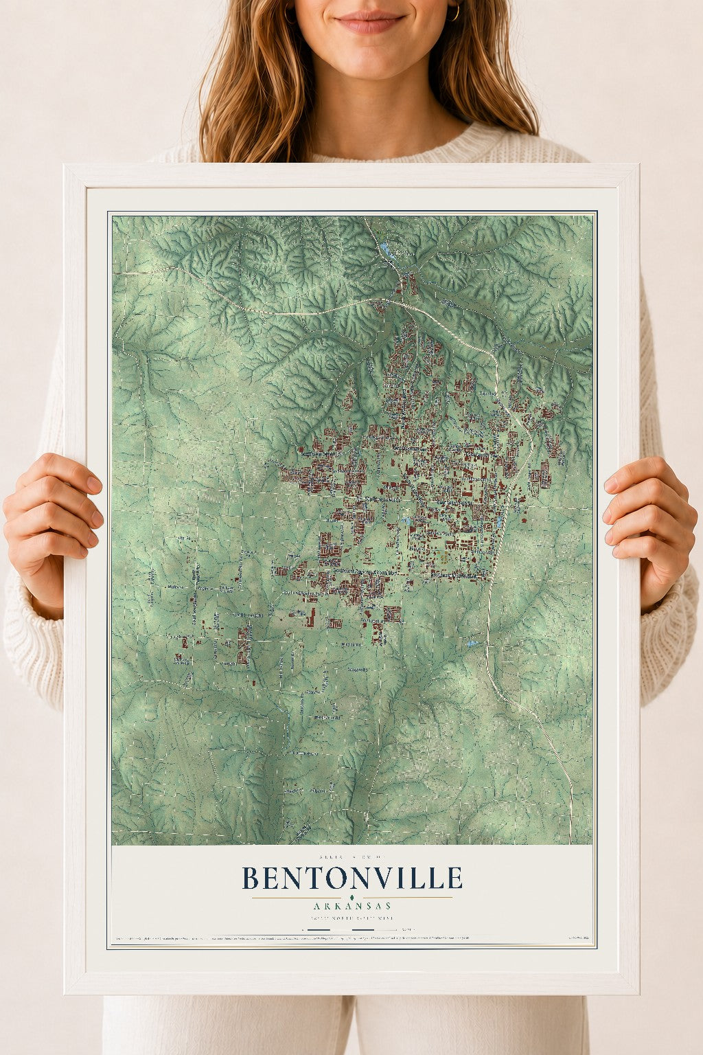 Map of Bentonville, Arkansas, 18 x 24 inch print in a white wood frame