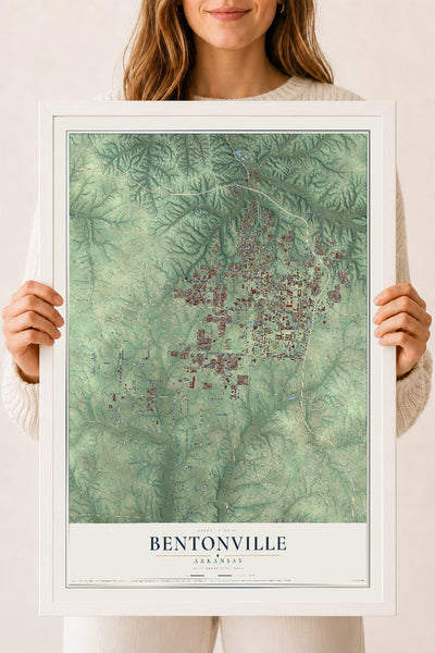 Map of Bentonville, Arkansas, 18 x 24 inch print in a white wood frame