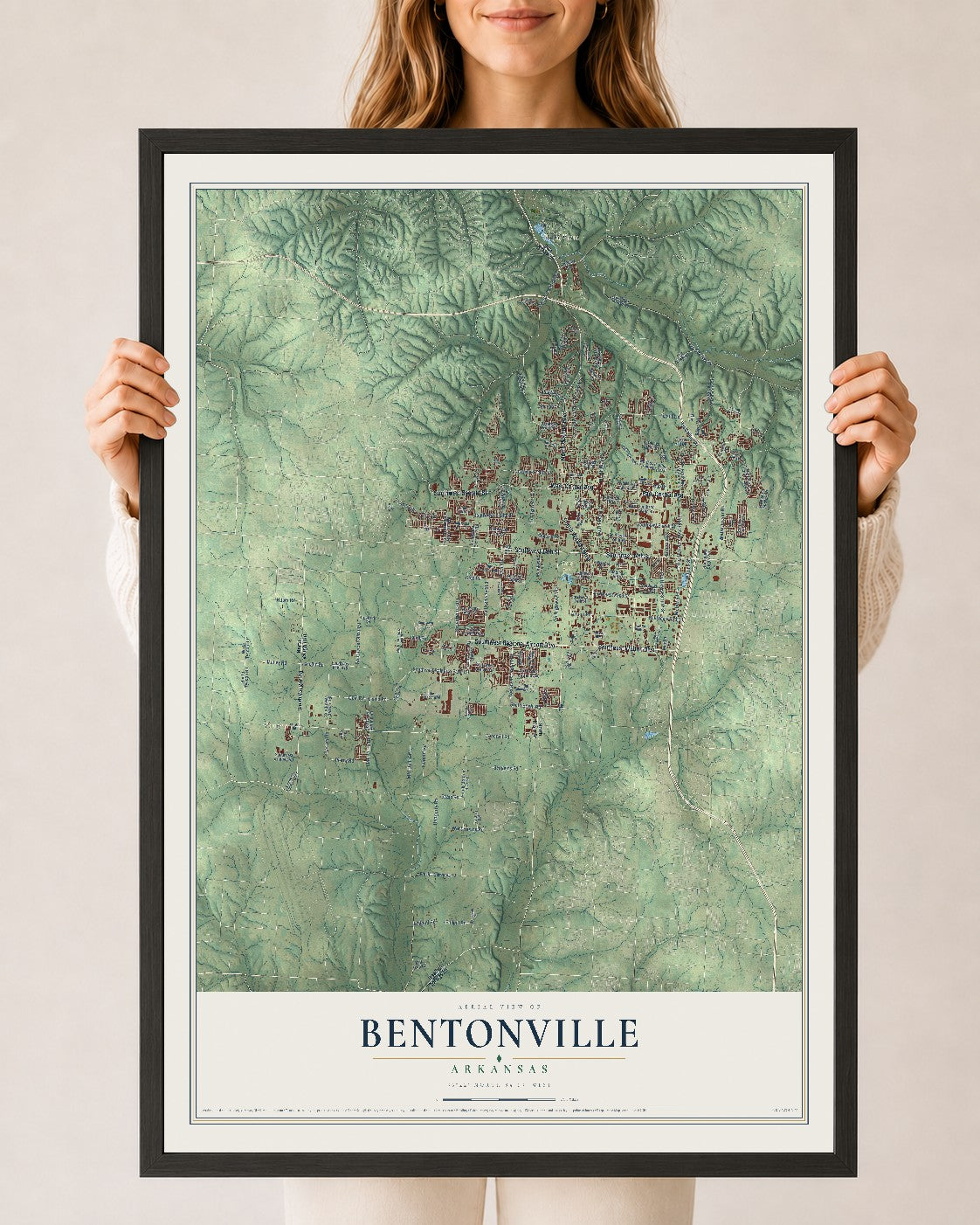 Map of Bentonville, Arkansas, 24 x 36 inch print in a black wood frame