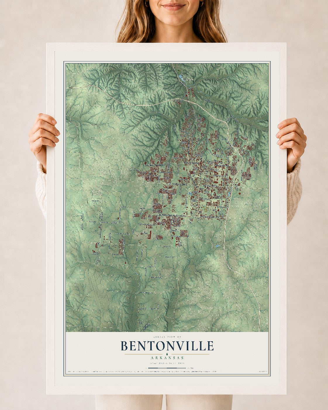 Map of Bentonville, Arkansas, 24 x 36 inch print in a white wood frame
