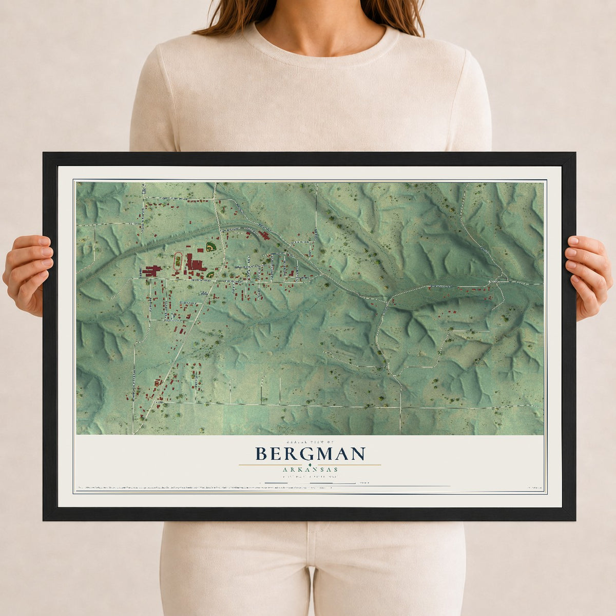 Map of Bergman, Arkansas, 12 x 18 inch print in a black wood frame