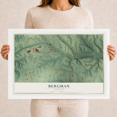 Map of Bergman, Arkansas, 12 x 18 inch print in a white wood frame