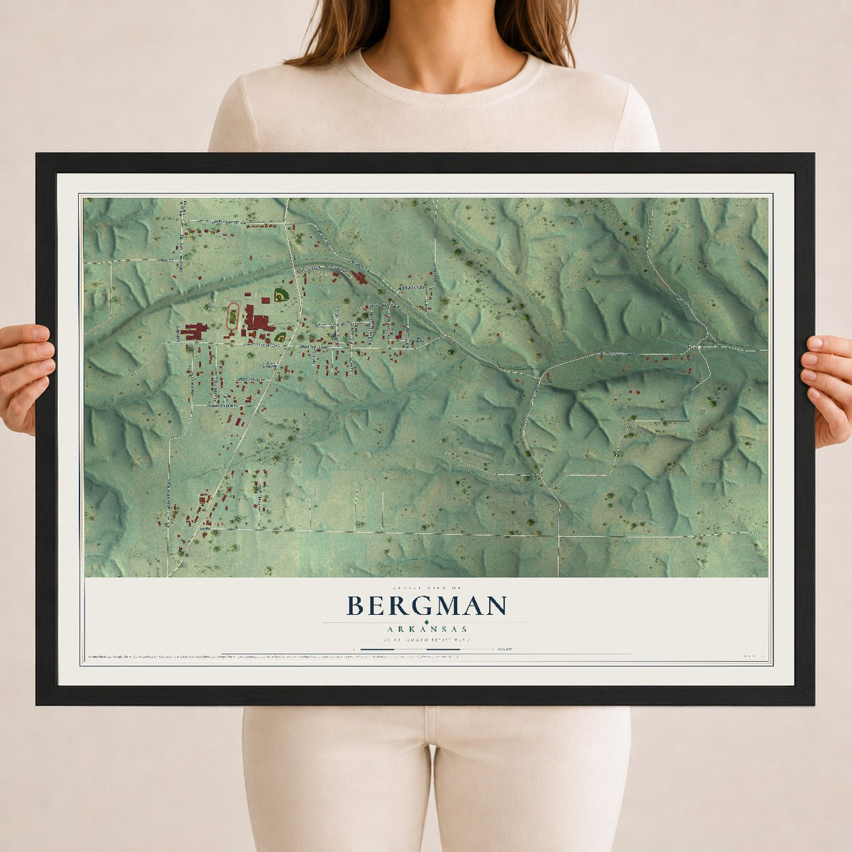 Map of Bergman, Arkansas, 18 x 24 inch print in a black wood frame