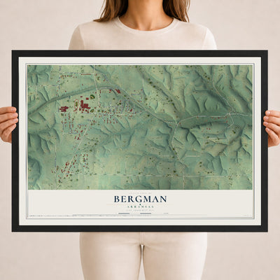 Map of Bergman, Arkansas, 18 x 24 inch print in a black wood frame