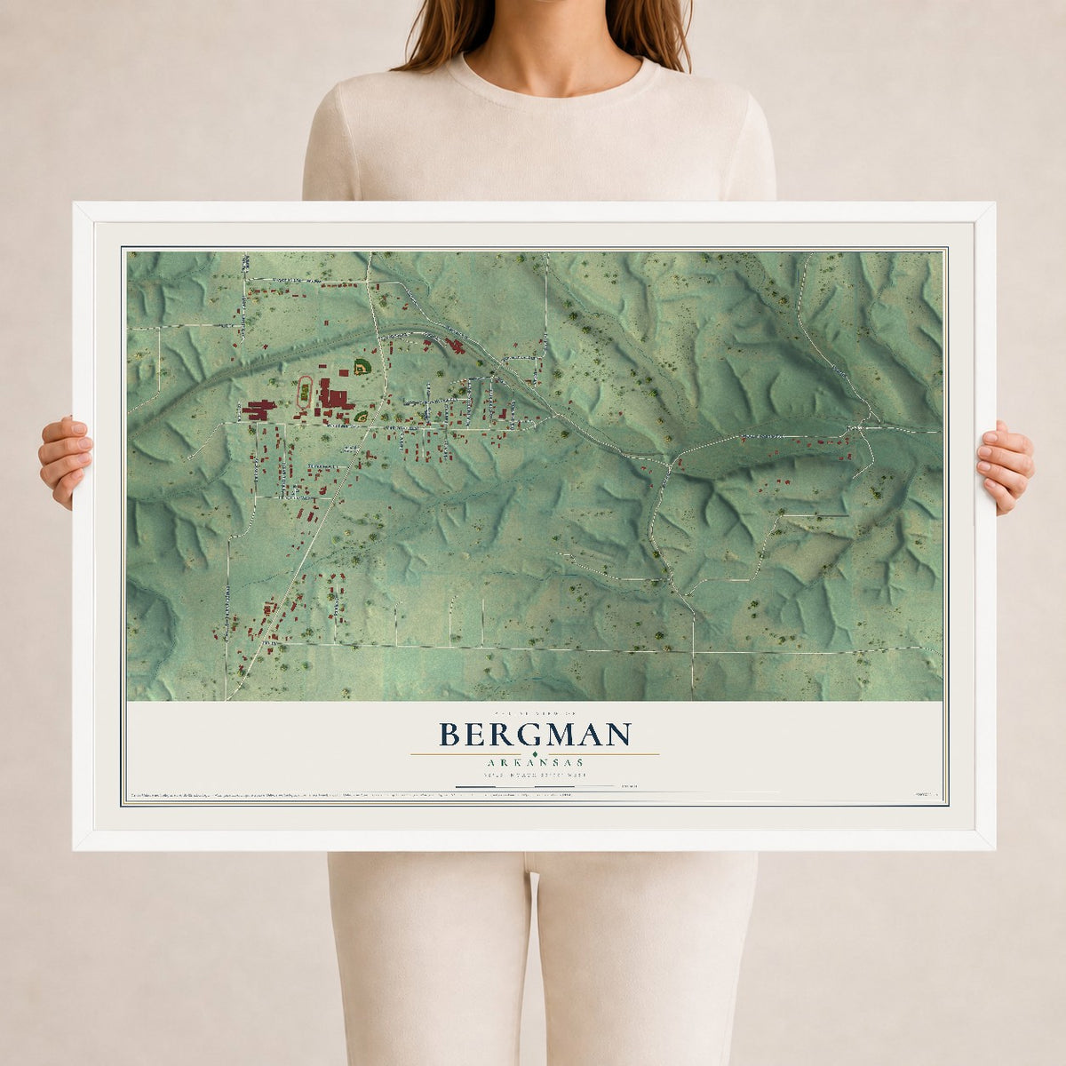Map of Bergman, Arkansas, 24 x 36 inch print in a white wood frame