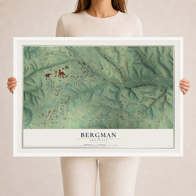 Map of Bergman, Arkansas, 24 x 36 inch print in a white wood frame