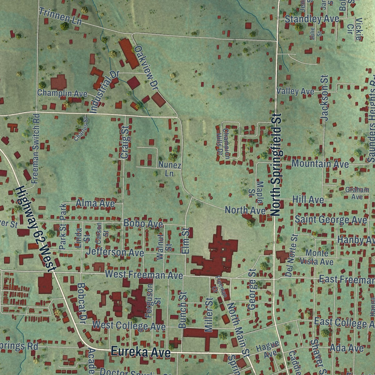 Close-up of the map of Berryville, Arkansas print showing street and building detail