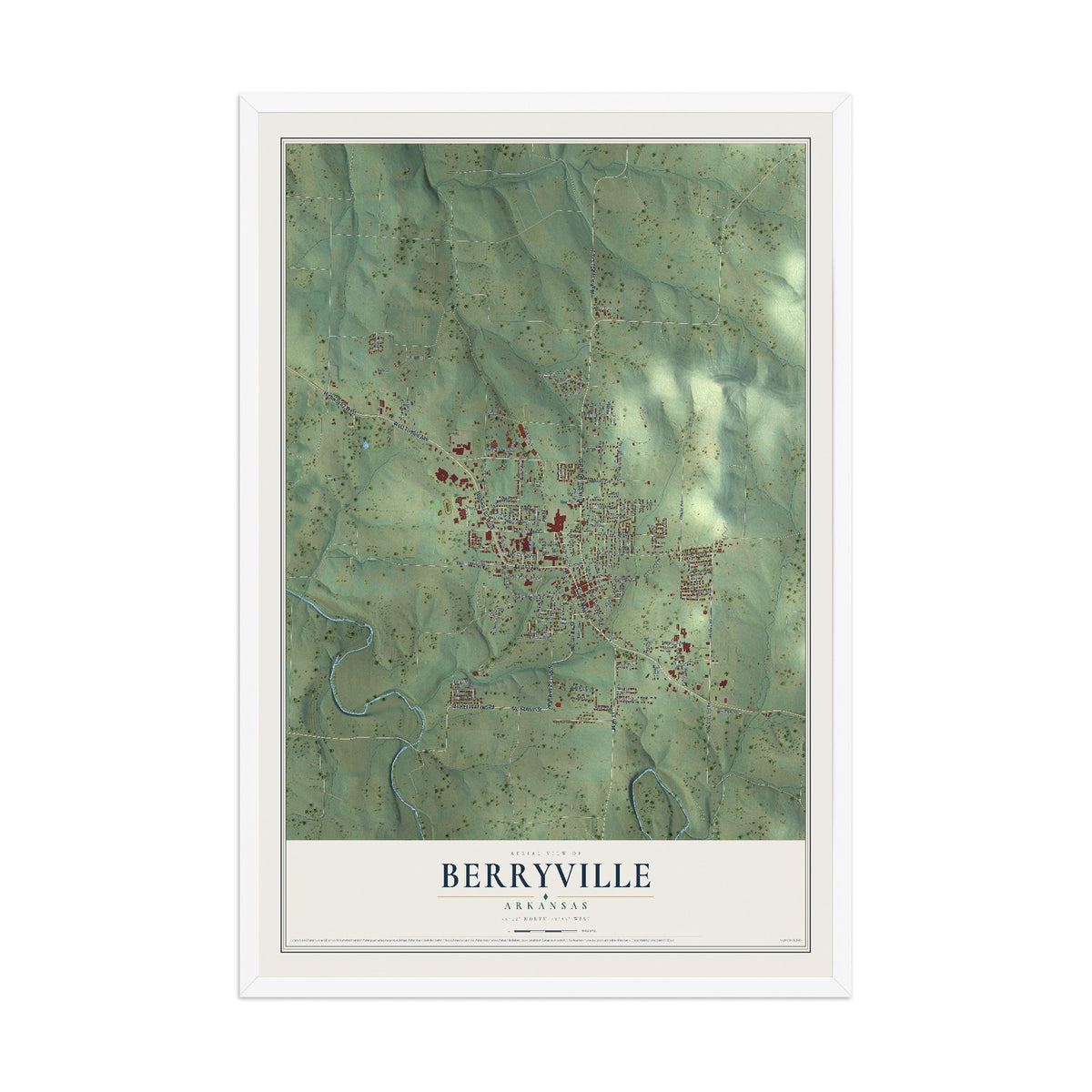Map of Berryville, Arkansas, 12 x 18 inch print in a white wood frame