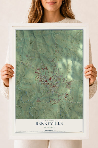 Map of Berryville, Arkansas, 18 x 24 inch print in a white wood frame