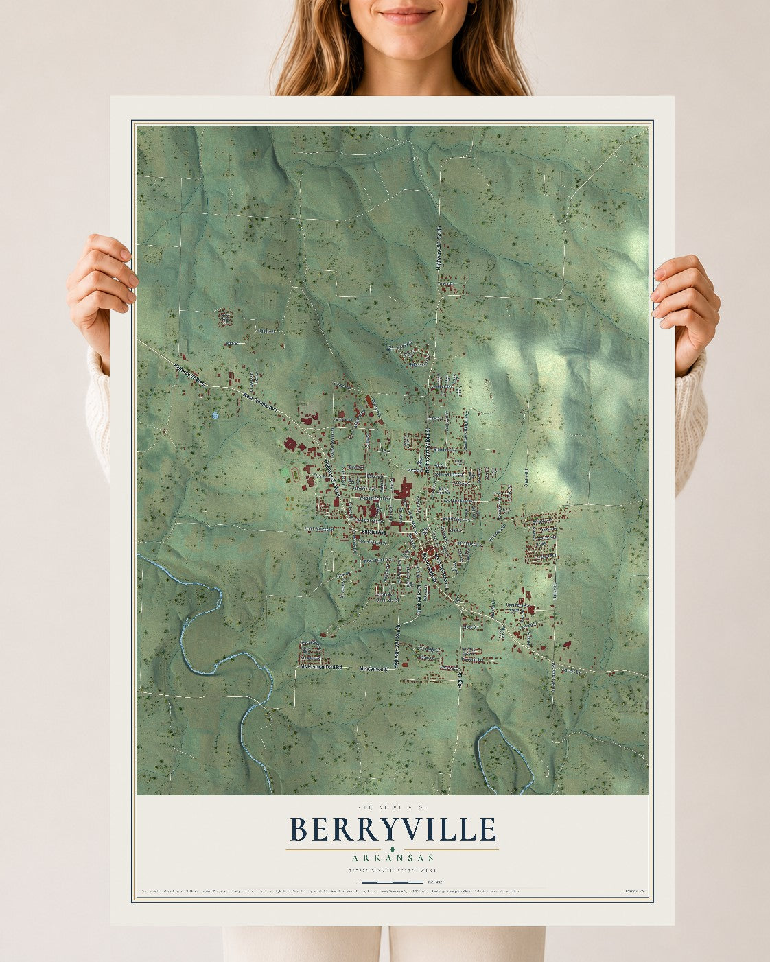 Map of Berryville, Arkansas, 24 x 36 inch unframed archival matte print
