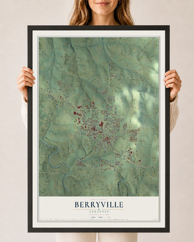 Map of Berryville, Arkansas, 24 x 36 inch print in a black wood frame