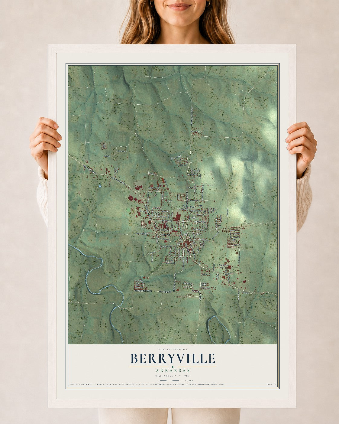Map of Berryville, Arkansas, 24 x 36 inch print in a white wood frame