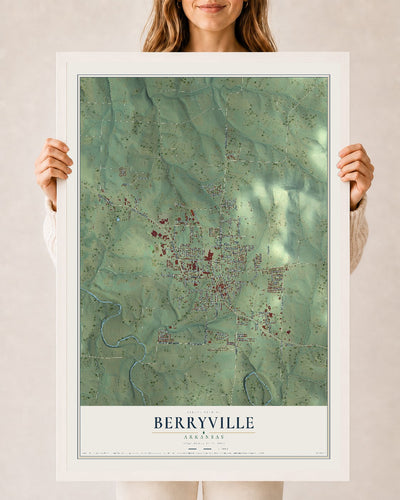 Map of Berryville, Arkansas, 24 x 36 inch print in a white wood frame