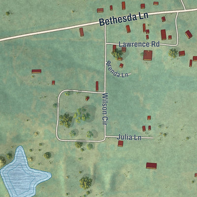 Close-up of the map of Bethesda, Arkansas print showing street and building detail