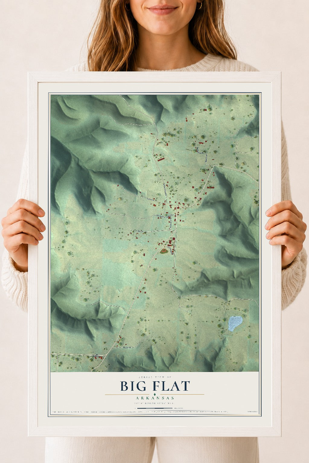 Map of Big Flat, Arkansas, 18 x 24 inch print in a white wood frame