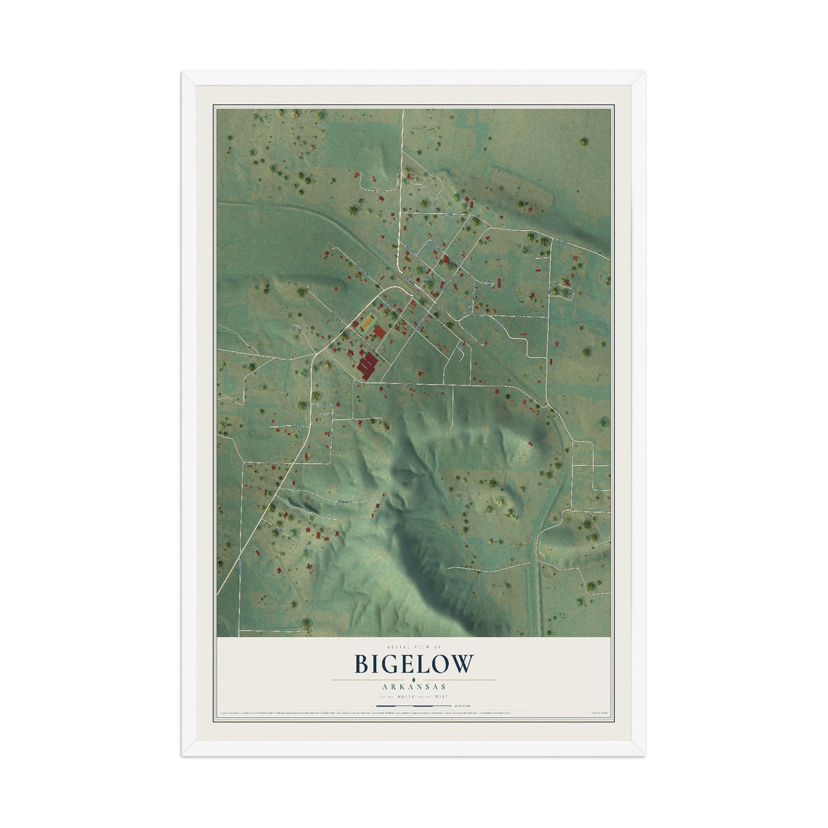Map of Bigelow, Arkansas, 12 x 18 inch print in a white wood frame