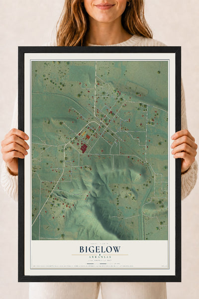 Map of Bigelow, Arkansas, 18 x 24 inch print in a black wood frame