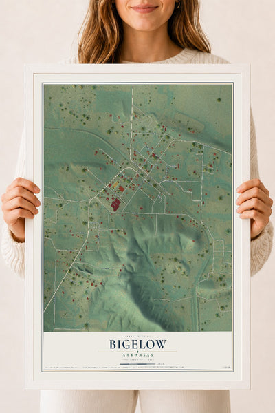 Map of Bigelow, Arkansas, 18 x 24 inch print in a white wood frame
