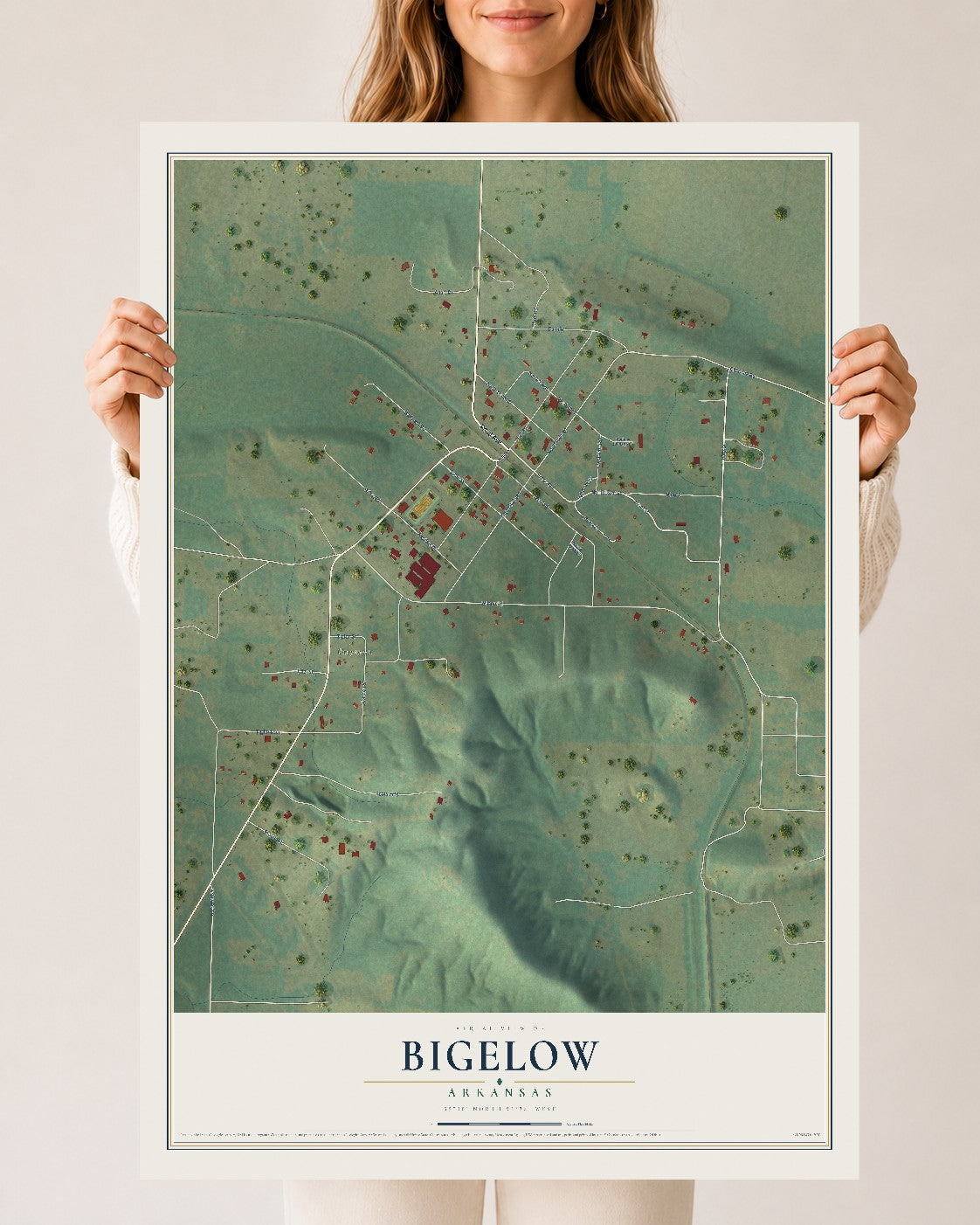 Map of Bigelow, Arkansas, 24 x 36 inch unframed archival matte print