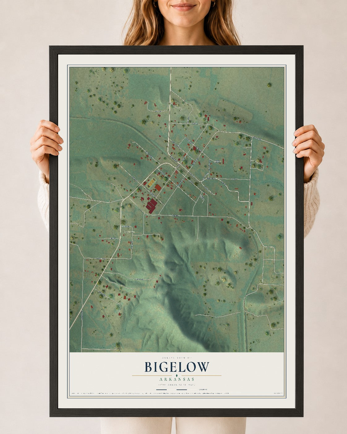 Map of Bigelow, Arkansas, 24 x 36 inch print in a black wood frame
