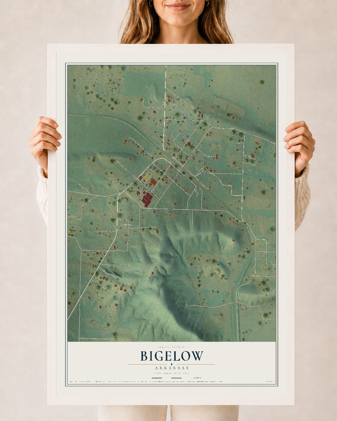Map of Bigelow, Arkansas, 24 x 36 inch print in a white wood frame
