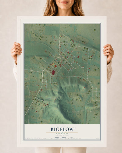 Map of Bigelow, Arkansas, 24 x 36 inch print in a white wood frame