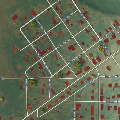 Close-up of the map of Biggers, Arkansas print showing street and building detail