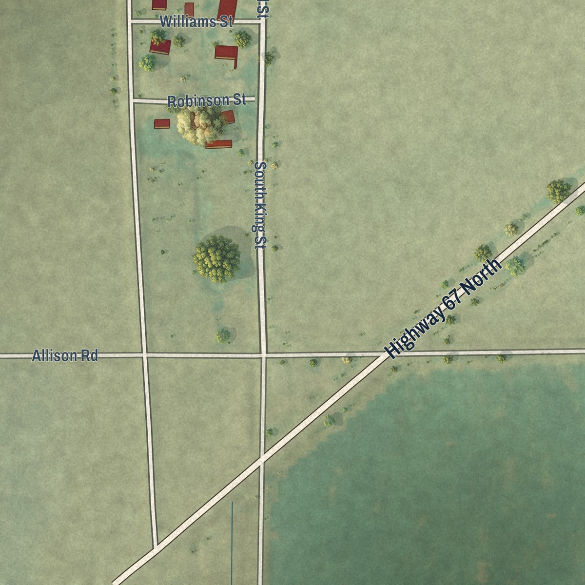 Second close-up of the map of Biggers, Arkansas print showing more streets and buildings
