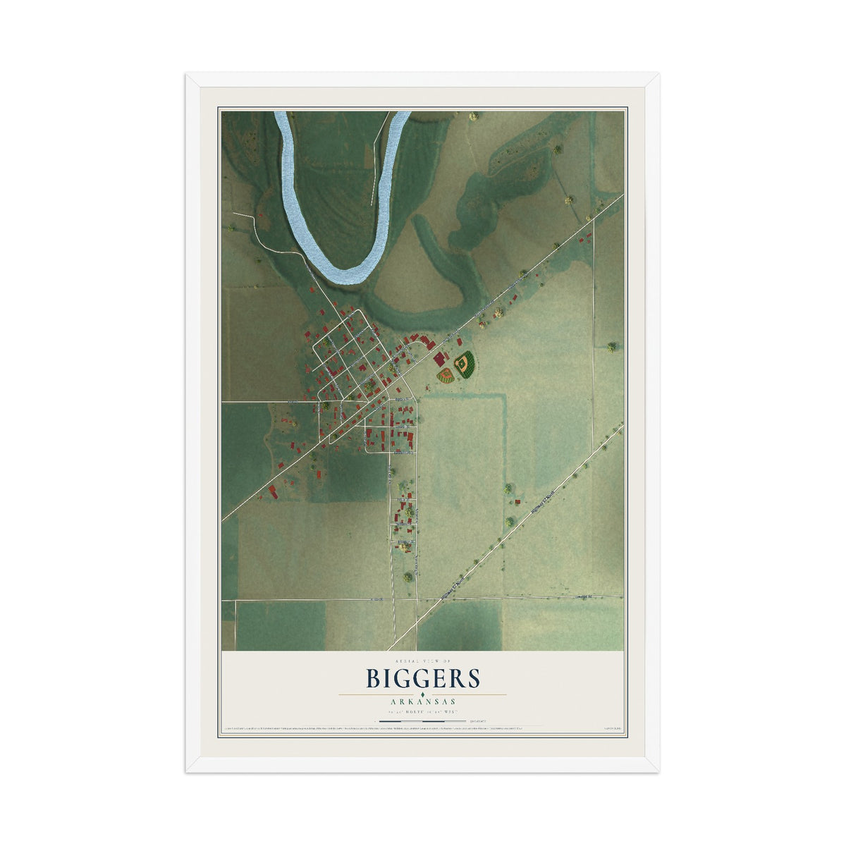 Map of Biggers, Arkansas, 12 x 18 inch print in a white wood frame