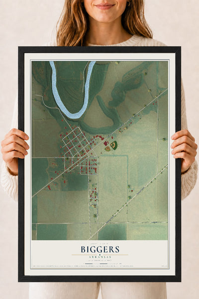 Map of Biggers, Arkansas, 18 x 24 inch print in a black wood frame