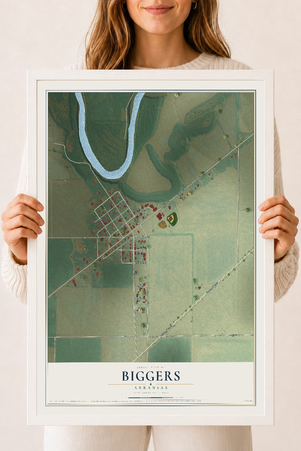Map of Biggers, Arkansas, 18 x 24 inch print in a white wood frame
