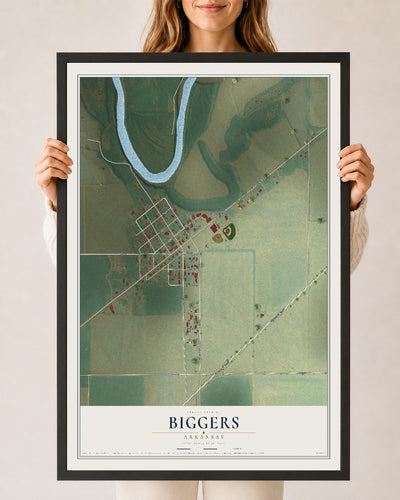 Map of Biggers, Arkansas, 24 x 36 inch print in a black wood frame