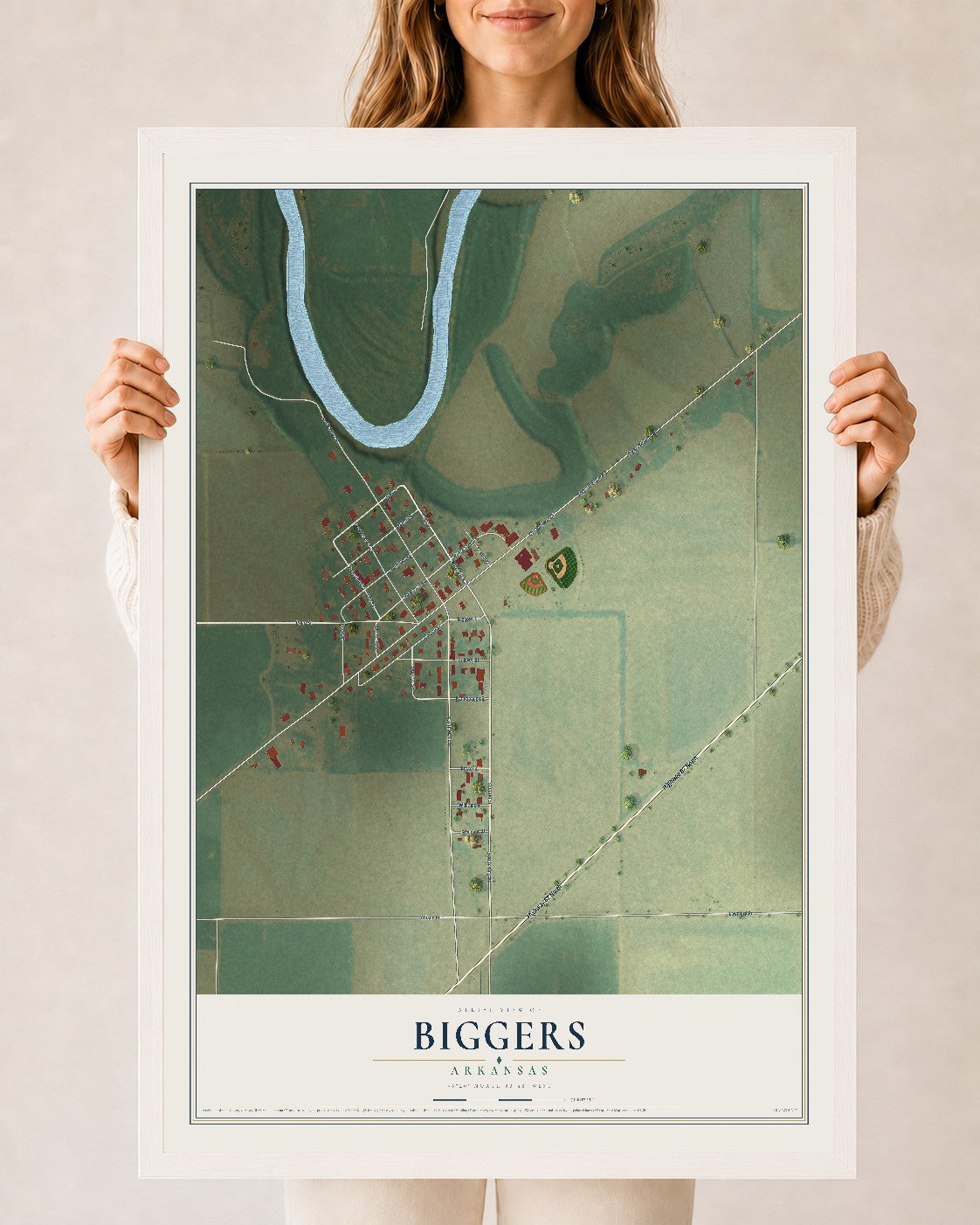 Map of Biggers, Arkansas, 24 x 36 inch print in a white wood frame