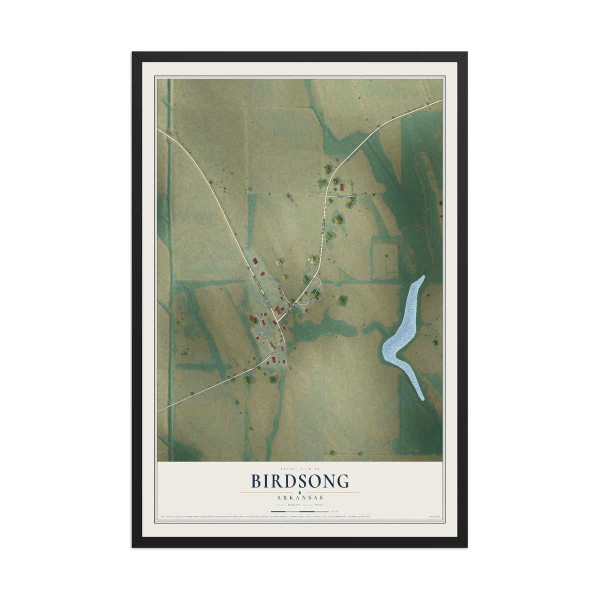 Map of Birdsong, Arkansas, 12 x 18 inch print in a black wood frame