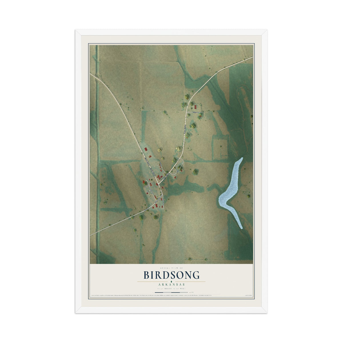 Map of Birdsong, Arkansas, 12 x 18 inch print in a white wood frame